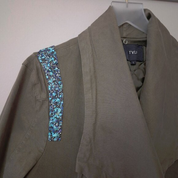 EUC Tyli green jacket w/ removable inner vest & embellished stone shoulders, L - Picture 8 of 11